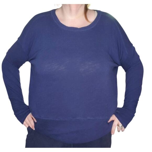 Peruvian Connection Sz M Oversized Blue Thin Cotton Sweater Thumbholes Twist Hem - Picture 1 of 8